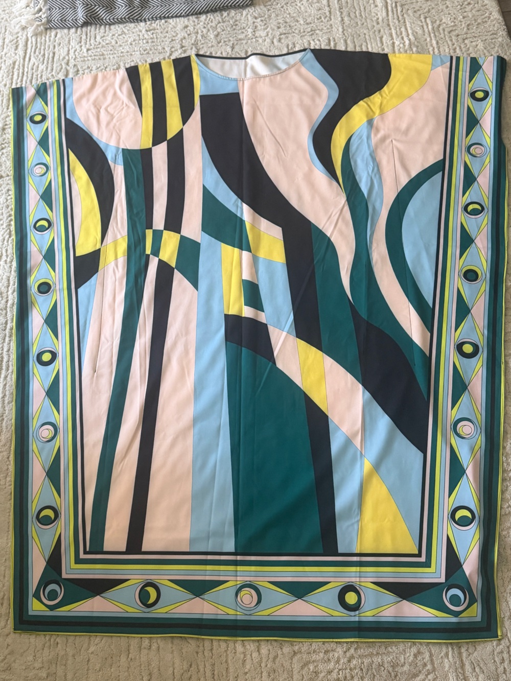 Abstract Wave-Print Maxi Dress in Teal, Light Blue & Yellow